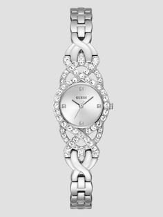 Silver-tone analog watch Crystal bezel Minimal hour markers Polished stainless steel bracelet Case diameter in mm: 23 Water resistant up to 10M/33 ft Two-year limited warranty Silver Watch Women, Guess Watches, Silver Watches Women, Small Watch, Crystal Watches, Analog Watch, Wedding Watch, Latest Jewellery, Silver Accessories