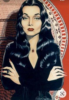 a painting of a woman with long black hair and red lipstick, wearing a black dress