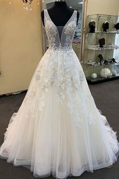 Unique Long A-line Tulle V Neck Beaded Lace Wedding Dress Wedding Dresses Tight Fitted, Fitted Lace Wedding Dress, Tight Wedding Dress, Rhinestone Wedding Dress, Beaded Lace Wedding Dress, Lace Wedding Dress With Sleeves, Boho Wedding Dress Lace, V Neck Wedding Dress