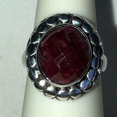 Ratnaraj Ruby Checkerboard Faceted Top Gemstone (8.79 Cts) In Sterling Silver Ring *Could Also Be Worn As A Pinkie Ring Silver Ruby Jewelry With Accent Stones, Silver Ruby Jewelry With Stones, Red Oval Faceted Jewelry, Faceted Oval Red Jewelry, Red Faceted Oval Jewelry, Formal Red Gemstones With Accents, Ruby Jewelry With Large Round Stone, Round Ruby Jewelry With Large Stone, Elegant Faceted Round Ruby Ring