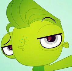 a green cartoon character with big eyes