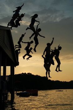 silhouettes of people jumping into the water at sunset