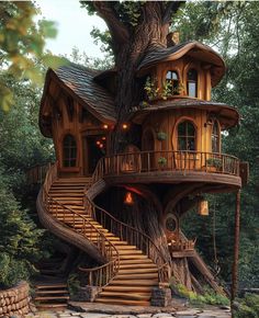 a tree house with stairs leading up to it