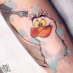 an angry bird holding a fork and knife on the arm