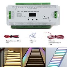 an image of some stairs with lights and remote controls on them, along with instructions for how to install the stair light