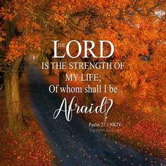 a road surrounded by trees with the words lord is the strength of my life, or whom shall i be afraid?