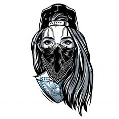 a woman wearing a bandana with her face covered in black and white art work