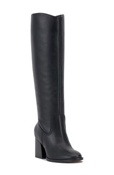 Smooth, polished leather forms the upper of this knee-high boot set atop a slightly curved block heel. 2 3/4" heel 15 1/4" shaft; 14 1/2" regular calf circumference 15 1/4" shaft; 16" wide calf circumference 15 1/4" shaft; 17" extra-wide calf circumference Leather upper/synthetic lining/rubber sole Imported Formal Knee-high Boots With Stacked Heel, Formal Tall Boots With Stacked Heel, Formal Tall Boots With Block Heel, Formal Tall Knee-high Boots With Stacked Heel, Black Knee-high Boots With Stacked Heel, Formal Knee-high Platform Boots With Stacked Heel, Formal Boots With Stacked Heel And High Shaft, Formal High Shaft Boots With Stacked Heel, Sleek Knee-high Boots With Stacked Heel For Formal Occasions