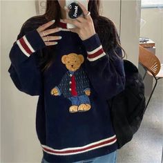 Pullover Vest, Oversized Clothes, Jacquard Sweater, Graphic Sweaters, Sweater Oversize, Style Japonais, Cartoon Bear, Warm Sweaters, Knitting Women Sweater