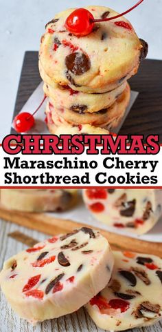 christmas maraschino cherry shortbread cookies are stacked on top of each other