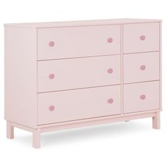 a pink dresser with four drawers and two knobs on the top, in front of a white background