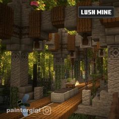 a living room filled with lots of furniture and plants in minecraft style house design