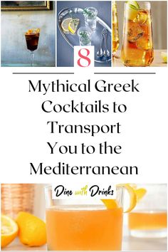 Collage of 4 greek cocktails. Greek Alcoholic Beverages, Greek Inspired Cocktails, Greek Mythology Party Food, Toga Party Drinks, Greek Mock Tail, Greek Drinks Non Alcoholic, Mediterranean Cocktails, Kumquat Cocktail, Greek Cocktails