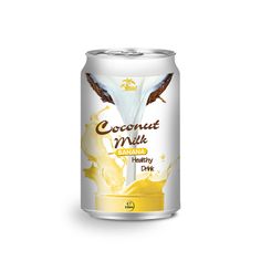 a can of coconut milk with liquid pouring out of the top, on a white background