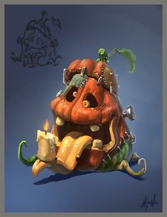 an image of a cartoon pumpkin with many things on it's head and legs