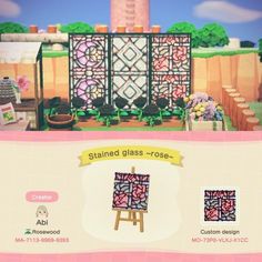 an animal crossing game screen showing the entrance to a building with stained glass - rose screens