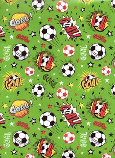 a green background with soccer balls, stars and the word goal written in bold letters