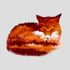 an orange fox sitting on top of a lush green forest under a cloudy blue sky