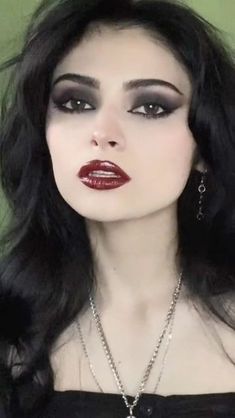 Dark Eyeshadow Red Lips, Black Eyeshadow And Red Lips, Red Dark Makeup, Light Dark Makeup, Black Lipstick Makeup Looks, Dark Red Lip Makeup Look, Red And Black Makeup Looks, Dark Lipstick Looks, Light Goth Makeup