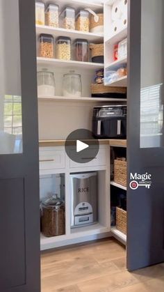 an open pantry with lots of food in it