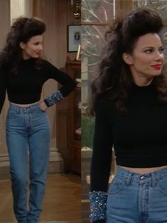 the young woman is wearing high waisted jeans and black crop top with sequins on her arms