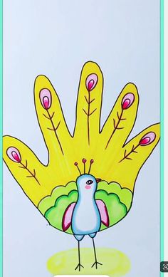 a drawing of a bird with feathers on it's head and hands in the shape of a hand