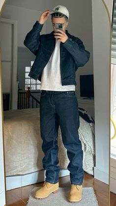 Streetwear Outfit Idea Timberlands with Denim Set Jeans Set Black Men Fashion Inspo Trends Black American Outfits Men, Combination Outfit Ideas Men, Cool Streetwear Outfit Men, Men Outing Outfit, Man Styles Outfit, Cheap Fashion Outfits Men, Black Rockstar Outfit Men, Black Concert Outfit Men, Men’s Timbs Outfit