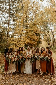 a group of women standing next to each other in front of trees with leaves on the ground