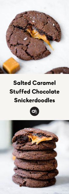 salted caramel stuffed chocolate snickkerdoodles are stacked on top of each other