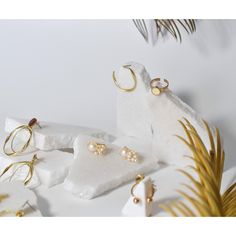 several different types of rings sitting on top of each other next to some rocks and palm leaves