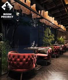 an image of a restaurant setting with red chairs and plants on the tables in front of them