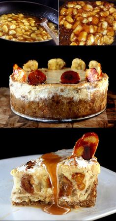 three different views of a cake with bananas and caramel toppings on the top