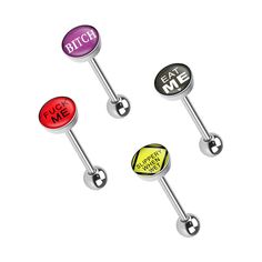 4PCS Tongue Rings Barbells Bars Dirty Words 14G Surgical Steel Piercing Jewelry Introducing our edgy and playful 4PCS Tongue Rings Set featuring dirty words, crafted from high-quality surgical steel. These tongue barbells add a unique and bold statement to your piercing collection, with each piece offering both style and durability. Premium Surgical Steel: Each tongue ring is made from top-quality surgical steel, ensuring durability, biocompatibility, and resistance to corrosion. Surgical steel is safe for body piercings, reducing the risk of irritation or allergic reactions. Bold and Playful Designs: This set features tongue barbells adorned with dirty words, adding a touch of humor and attitude to your piercing. The edgy designs make a statement and allow you to express your personality Cute Tongue Piercing Jewelry, Cool Tongue Rings, Cute Tongue Rings Icon Body Jewelry, Opal Tongue Piercing, Tongue Piercing Jewelry, Piercing Collection, Tongue Piercing Jewelry Bm25.com, Tongue Ring, Slippery When Wet