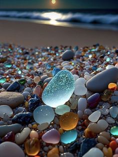 there are many different colored rocks on the beach