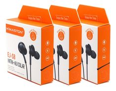 three orange boxes with ear buds in them