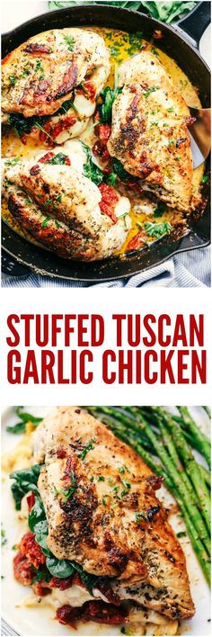 grilled tuscann garlic chicken in a skillet with asparagus