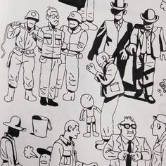 black and white drawing of people in different poses