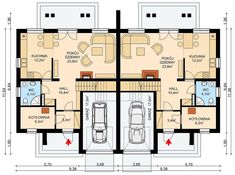 two story house plan with three cars parked in the garage and an apartment on the second floor