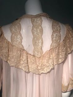 For Sale on 1stDibs - A beautiful, romantic 1930s pale pink silk chiffon peignoir: a very full sweep of chiffon adds drama, while the silk lace ruffle embellished decollétage, Silk Lace, Vintage Lingerie, Lace Ruffle, Pink Silk, Silk Chiffon, Pale Pink, Chiffon, Drama, Lingerie