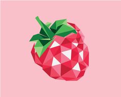 a red strawberry with green leaves on it's top, against a pink background