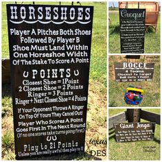 there is a sign for horse shoe shops in the grass with pictures of horses and their names on it