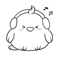 a cartoon bird with headphones and music notes on its ears, listening to music