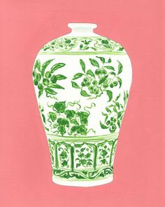 a green and white vase on a pink background