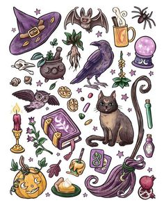 Uusikuuu - Etsy Witch Stickers, Helloween Wallpaper, Witch Drawing, Whimsical Art Journal, Witch Coloring Pages, Theme Harry Potter, Procreate Ipad Art, Props Art, Christmas Break