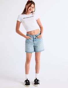 Levi's 501 Mid Thigh Shorts. The First-Ever Jean Shorts. Modeled After The 501® Original Jeans, These Denim Shorts Were Made With Our Iconic Vintage-Inspired Fit, A Flattering High Rise And A Longer Inseam. To This Day They They've Never Gone Out Of Style. And They Never Will. Straight Through Your Hip And Thigh. Rise: 10.5". Inseam: 6". Measurements Based On A Size 30 Waist. Heavyweight Denim. Stretch. Button Fly. 5-Pocket Styling. 99% Cotton, 1% Elastane. Machine Wash. Imported. Model Is Wearing A Size 26. Model Measurements:height: 5'7" Bust: 32"waist: 23"hips: 32" | Levi's 501 Mid Thigh Shorts - Take Off Light Wash Jean Shorts Outfit, Women’s Shorts, Shorts For Thick Thighs, Mom Shorts Outfit, Levi Jorts, Long Jean Shorts, Wwe T Shirts, Flannel Sweatshirt, Not In The Mood