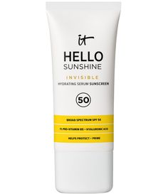 What It Is:With invisible SPF 50&#x2C; Hello Sunshine is your 3-in-1 daily face sunscreen&#x2C; hydrating serum&#x2C; and skin-perfecting makeup primer.What It Does:A broad-spectrum invisible sunscreen that is your essential last step to skincare and first step to makeup. Hello Sunshine goes beyond your average sunscreen for a lightweight&#x2C; breathable invisible SPF 50&#x2C; hydrating serum and makeup primer in one. This da Face Spf, Spf Foundation, Sunscreen For Face, Spf Face, Travel Skincare, Daily Sunscreen, Makeup Step By Step, It Cosmetics, Hydrating Serum