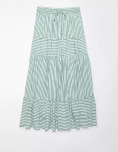 AE Tiered High-Waisted Striped Maxi Skirt Long Flowy Skirt Outfit, Flowy Skirt Outfit, Teaching Clothes, Green Maxi Skirt, Flowy Maxi Skirt, Rush Outfits, Striped Maxi Skirt, Long Flowy Skirt, Skirts Outfits