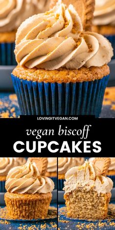 vegan biscoff cupcakes with cream frosting on top and bottom