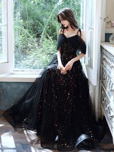 Graduation Party Dress, Off Shoulder Tulle, Prom Dresses Black, Graduation Party Dresses, Tulle Sleeves, Black Formal, Long Prom Dresses, Custom Size Dresses, Black Prom Dresses