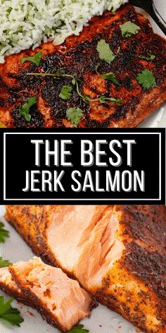 the best jerk salmon recipe is shown on a white plate with green garnish